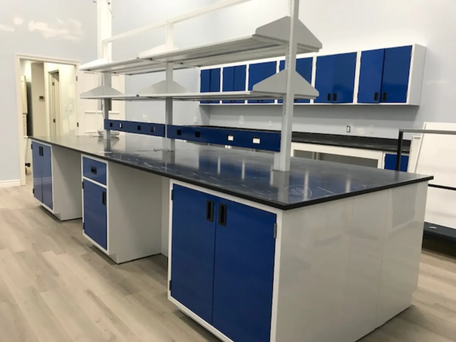 Blue and white laboratory island benches